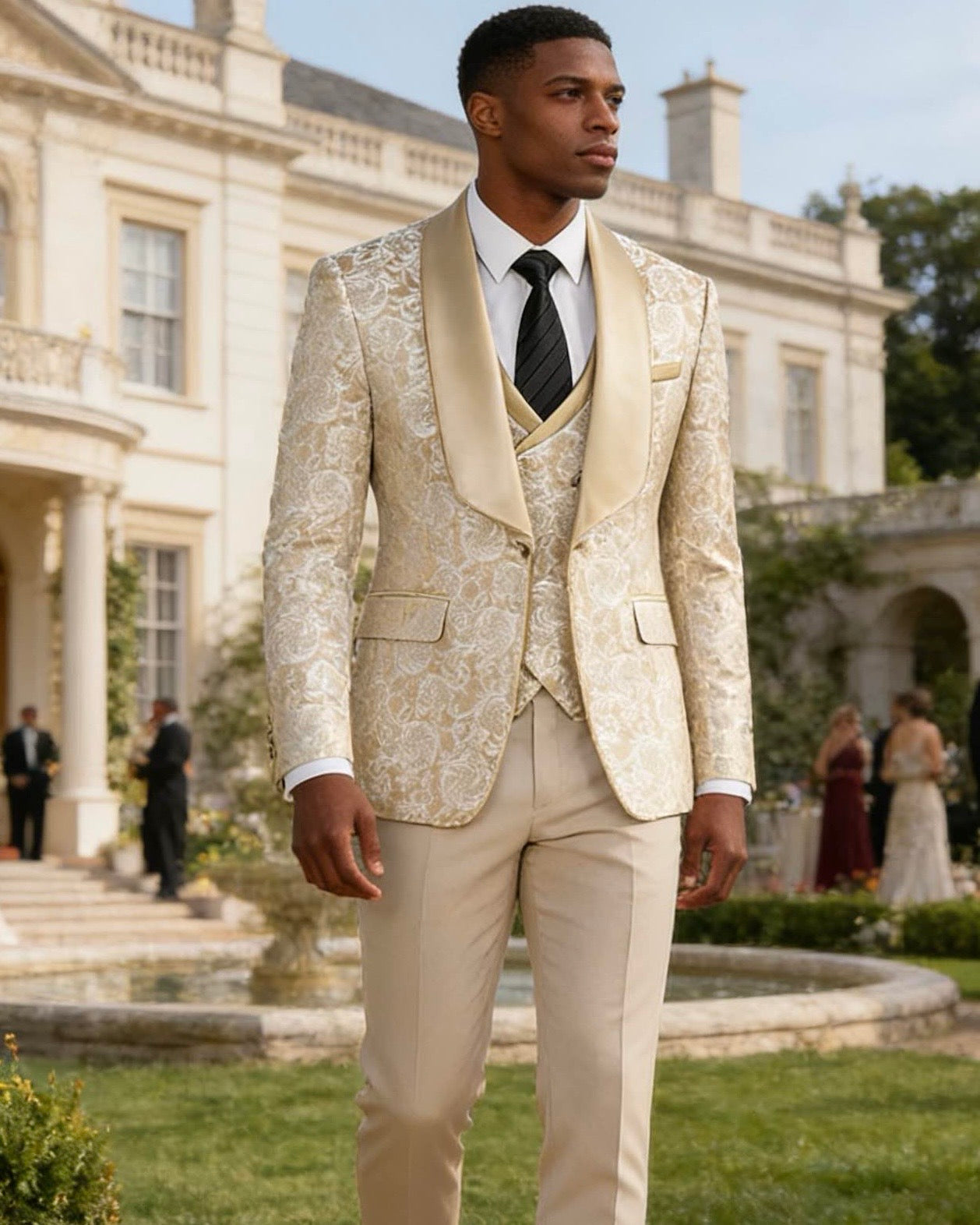 champagne gold jacquard Men's 3-Piece prom suit