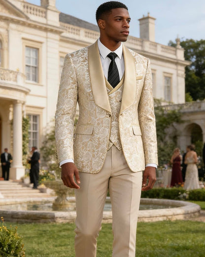 champagne gold jacquard Men's 3-Piece prom suit