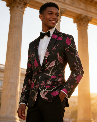 Men's Magenta 2-Piece Birdsong Forest Embroidery Notched Lapel Formal Prom Suit