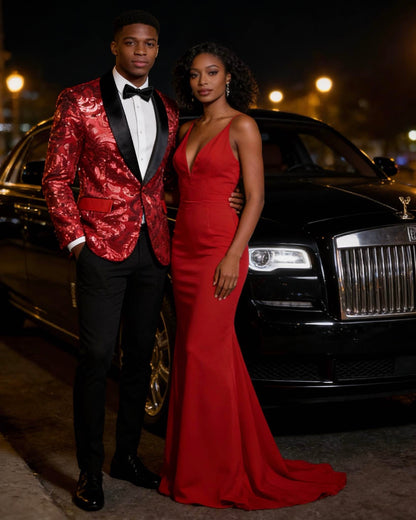 Men's Red Floral Sequin Shawl Lapel Blazer prom suit