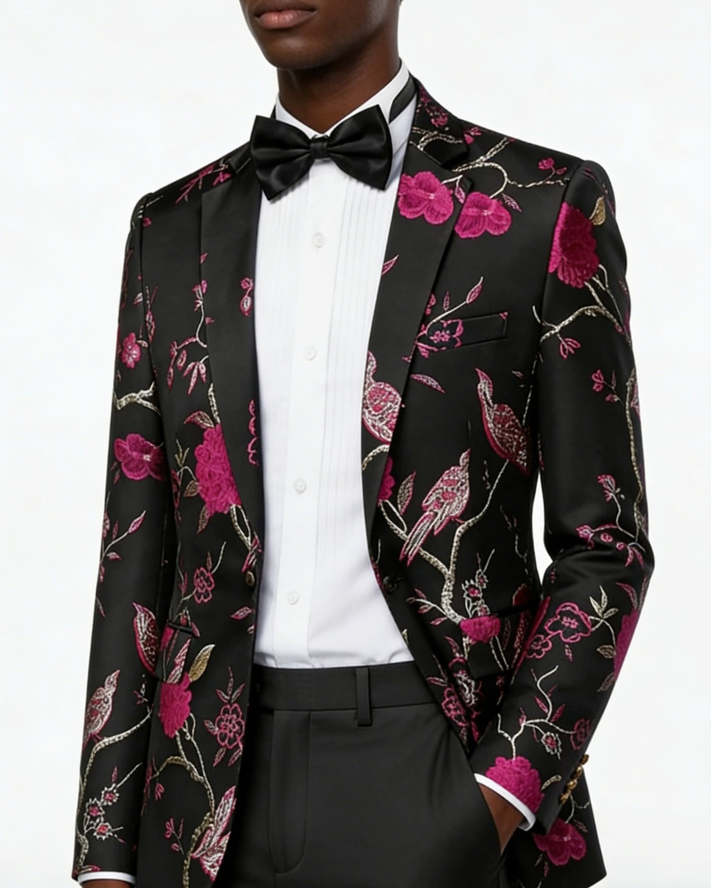 Men's Magenta 2-Piece Birdsong Forest Embroidery Notched Lapel Formal Prom Suit