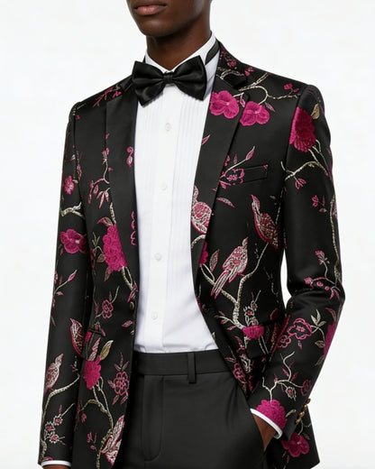 Men's Magenta 2-Piece Birdsong Forest Embroidery Notched Lapel Formal Prom Suit