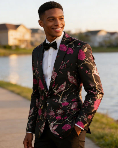 Men's Magenta 2-Piece Birdsong Forest Embroidery Notched Lapel Formal Prom Suit