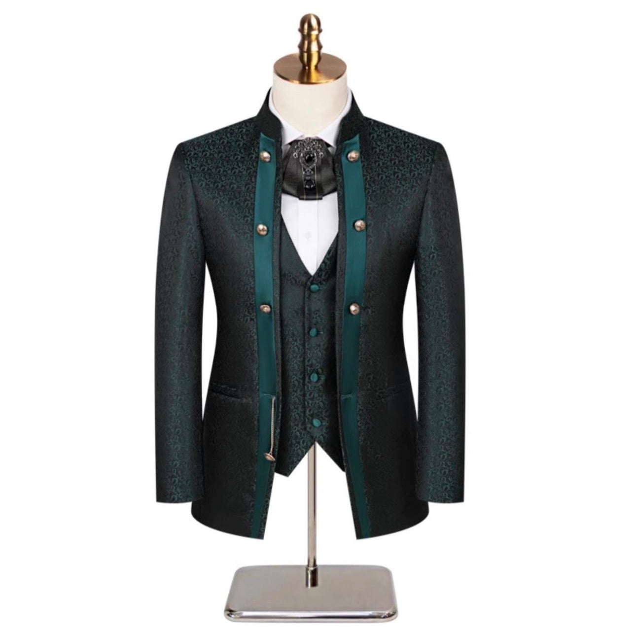 Mens 3-Piece Green Paisley Fitted  Stand Collar Prom Suit