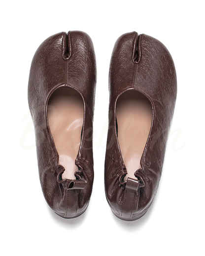 Brown Thick Heeled Pleated Tabi Shoes