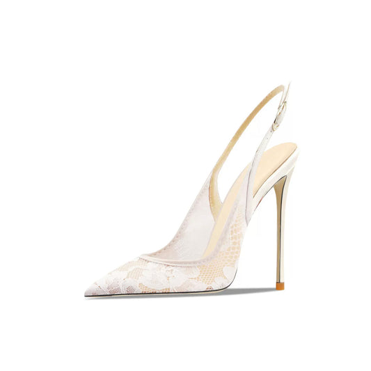 White Mesh Slingbacks Lace Stiletto Heel Bridal Pumps Prom Shoes