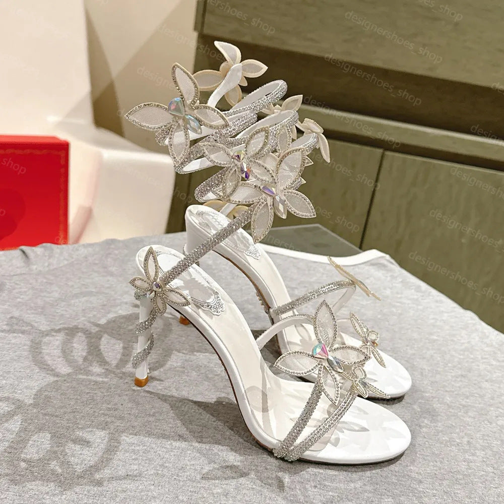 White Sandal With Butterflies And Crystals Heels Prom Shoes