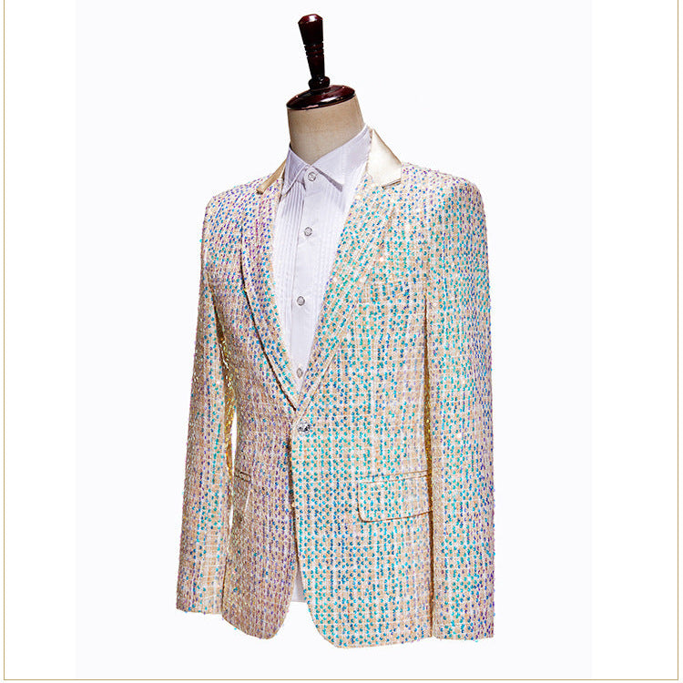 Mens 2-Piece Champagne Sequin Grid Prom Suit