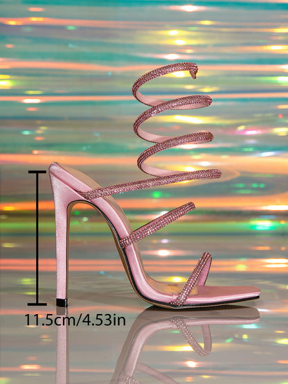 Pink Snake Wrap Rhinestone Decorated High Heel  Prom Shoes