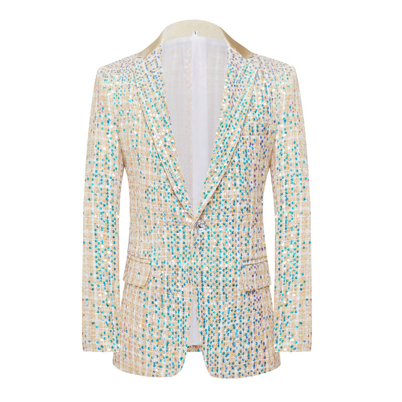 Mens 2-Piece Champagne Sequin Grid Prom Suit
