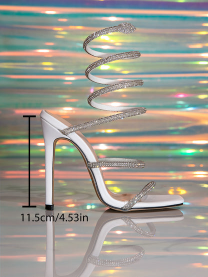 White Snake Wrap Rhinestone Decorated High Heel  Prom Shoes