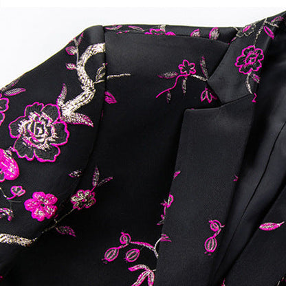Men's Magenta 2-Piece Birdsong Forest Embroidery Notched Lapel Formal Prom Suit