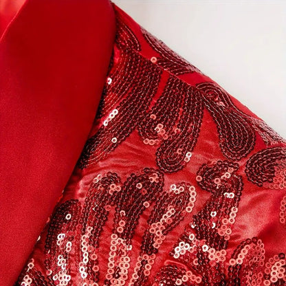 Men's Red Floral Sequin Shawl Lapel Blazer prom suit