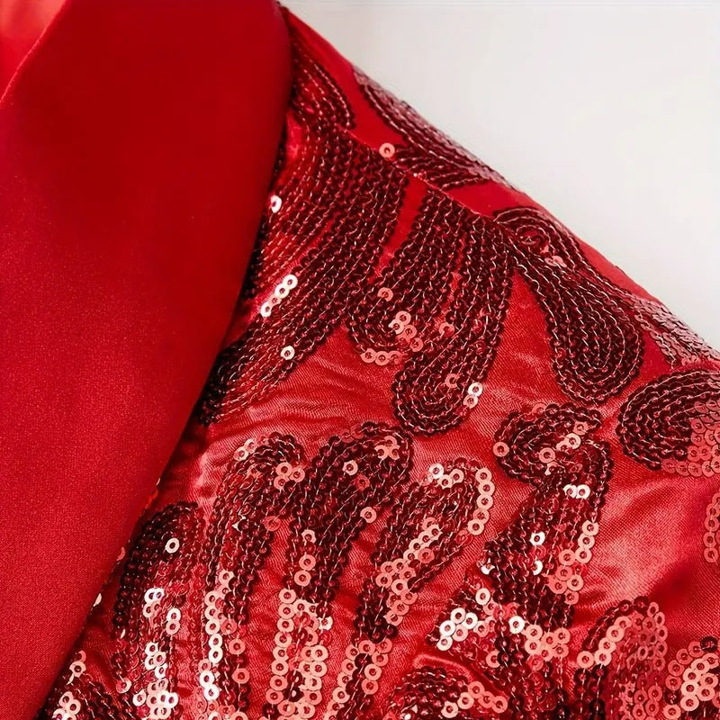 Men's Red Floral Sequin Shawl Lapel Blazer prom suit