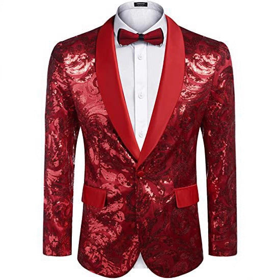 Men's Red Floral Sequin Shawl Lapel Blazer prom suit