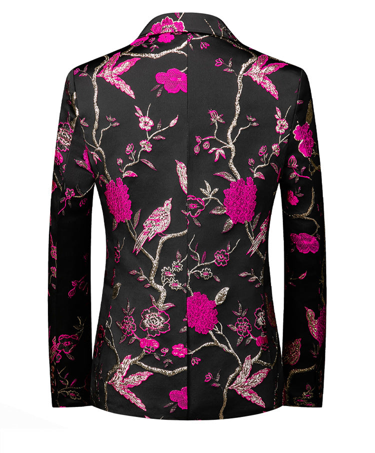 Men's Magenta 2-Piece Birdsong Forest Embroidery Notched Lapel Formal Prom Suit