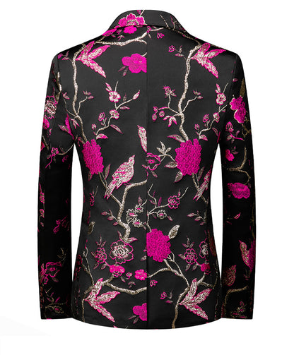 Men's Magenta 2-Piece Birdsong Forest Embroidery Notched Lapel Formal Prom Suit