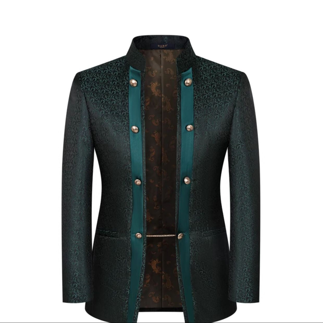 Mens 3-Piece Green Paisley Fitted  Stand Collar Prom Suit