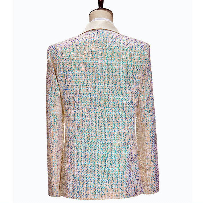 Mens 2-Piece Champagne Sequin Grid Prom Suit