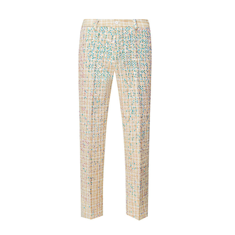 Mens 2-Piece Champagne Sequin Grid Prom Suit