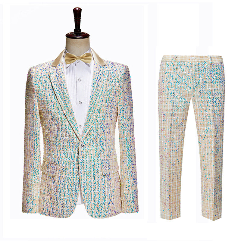 Mens 2-Piece Champagne Sequin Grid Prom Suit