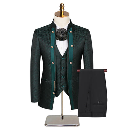 Mens 3-Piece Green Paisley Fitted  Stand Collar Prom Suit