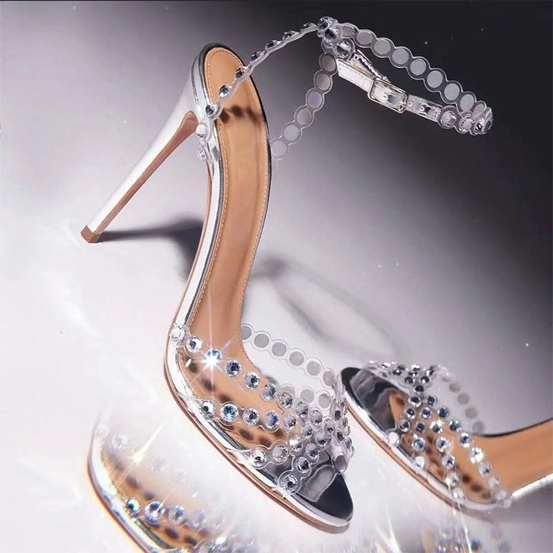 Silver Sequined Crystal Sandals High heel Prom Shoes