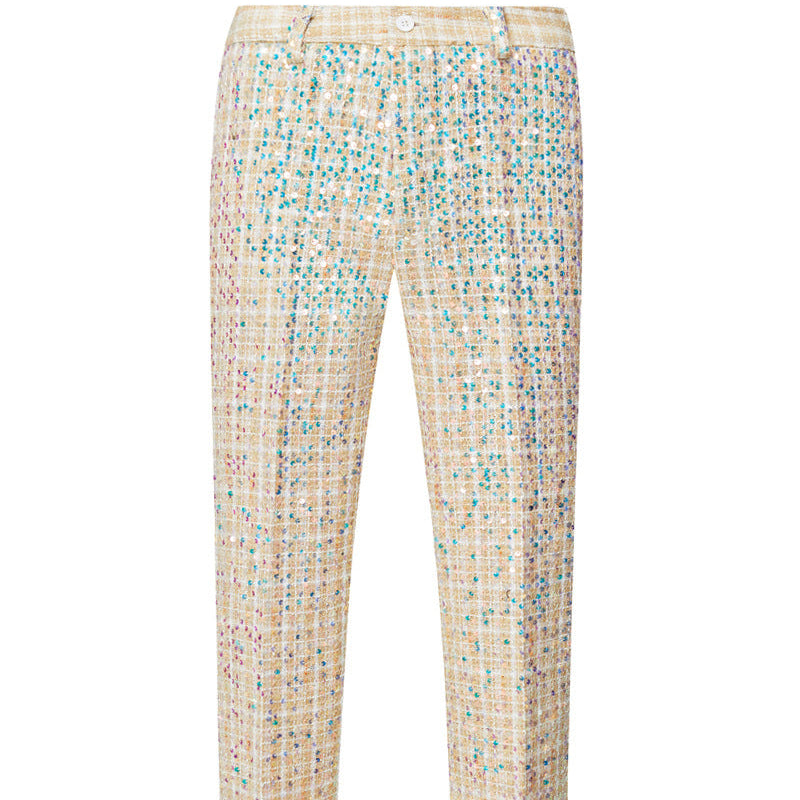 Mens 2-Piece Champagne Sequin Grid Prom Suit