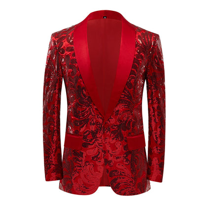 Men's Red Floral Sequin Shawl Lapel Blazer prom suit