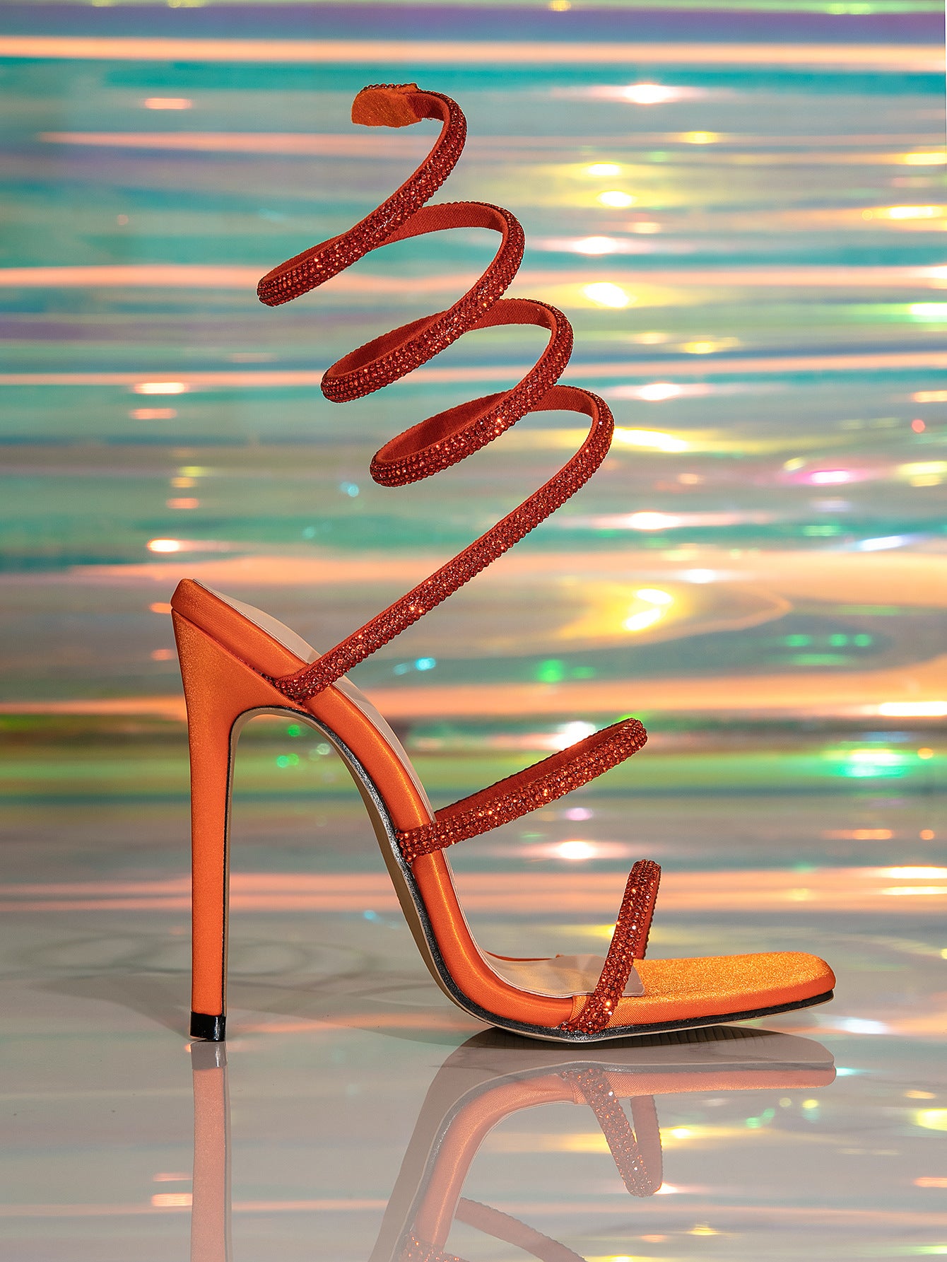 Orange Snake Wrap Rhinestone Decorated High Heel  Prom Shoes