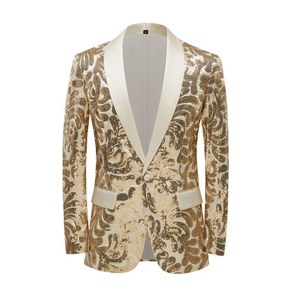 Men's Champagne  Floral Sequin Shawl Lapel Blazer prom suit