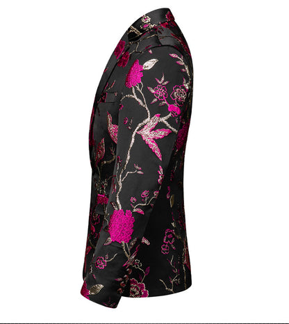 Men's Magenta 2-Piece Birdsong Forest Embroidery Notched Lapel Formal Prom Suit