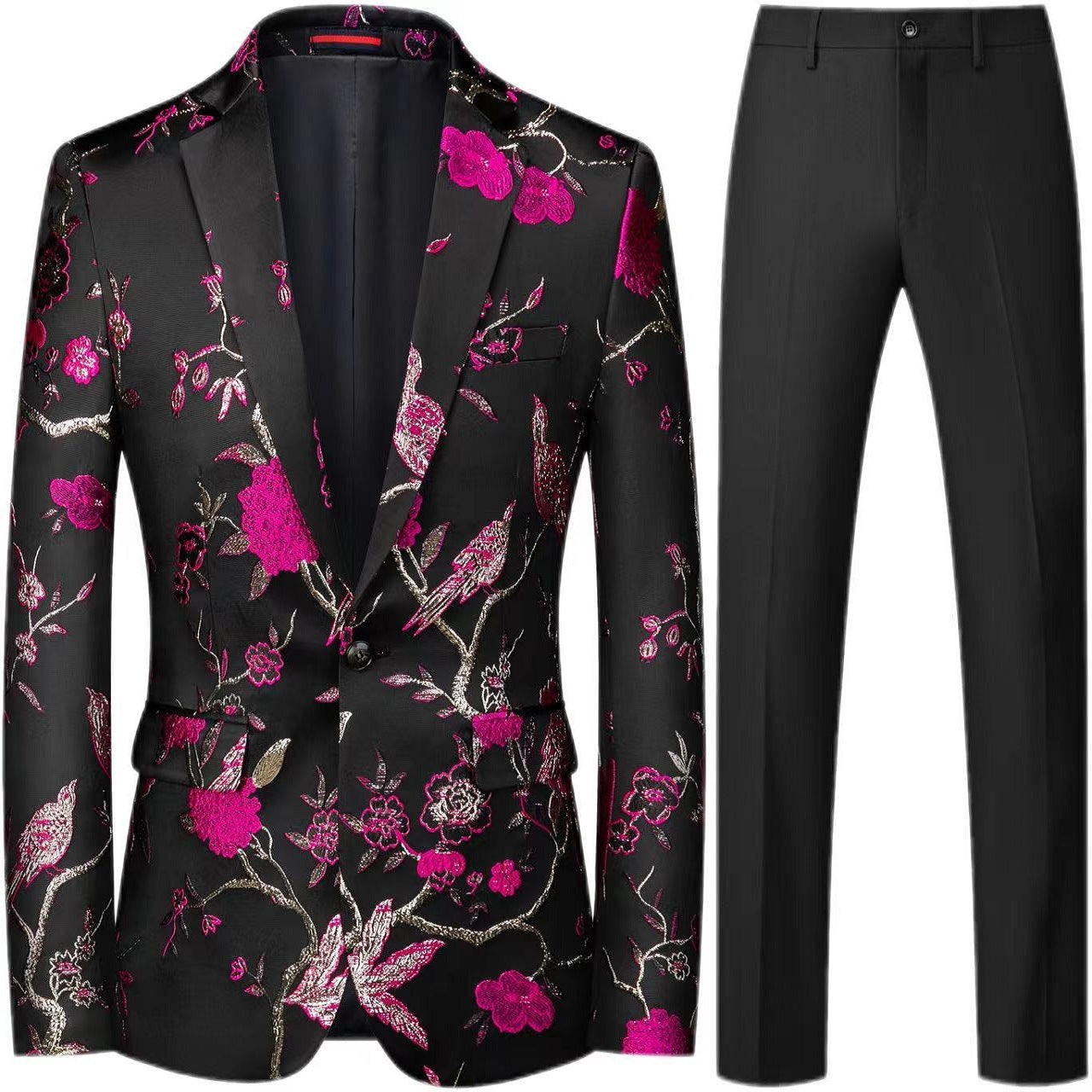Men's Magenta 2-Piece Birdsong Forest Embroidery Notched Lapel Formal Prom Suit