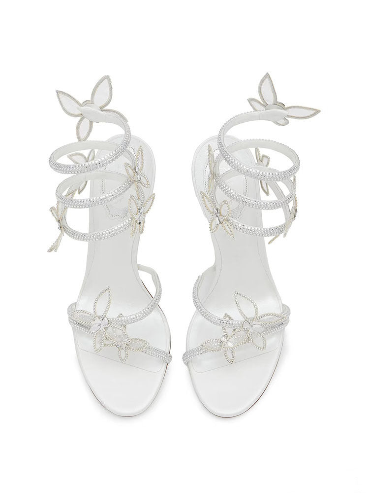 White Sandal With Butterflies And Crystals Heels Prom Shoes