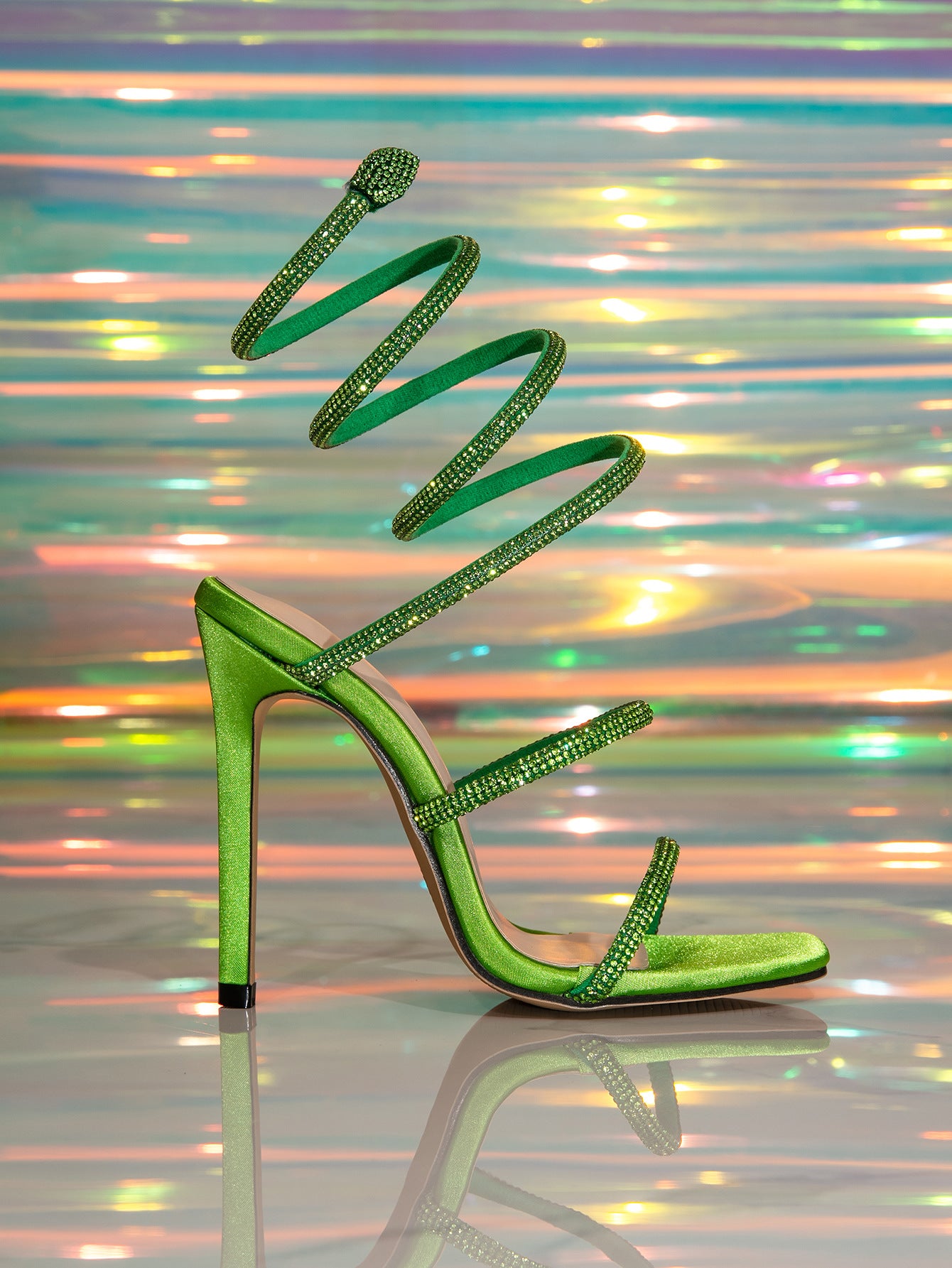 Green Snake Wrap Rhinestone Decorated High Heel  Prom Shoes
