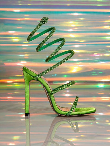 Green Snake Wrap Rhinestone Decorated High Heel  Prom Shoes