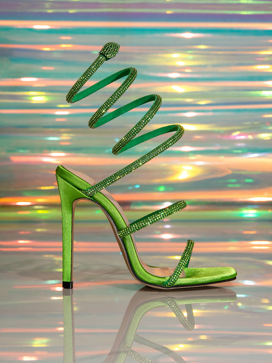 Green Snake Wrap Rhinestone Decorated High Heel  Prom Shoes