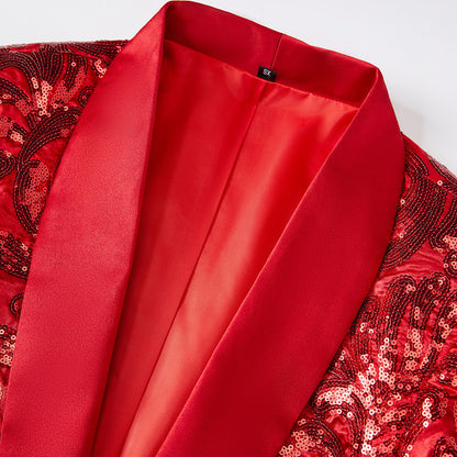 Men's Red Floral Sequin Shawl Lapel Blazer prom suit