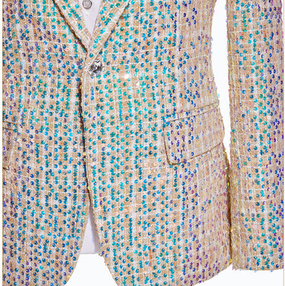 Mens 2-Piece Champagne Sequin Grid Prom Suit