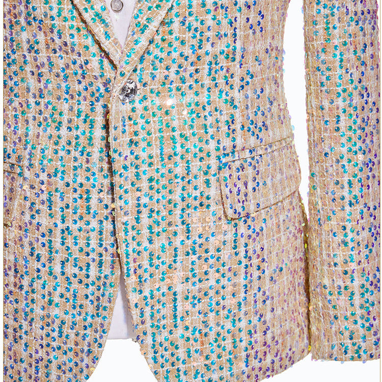 Mens 2-Piece Champagne Sequin Grid Prom Suit