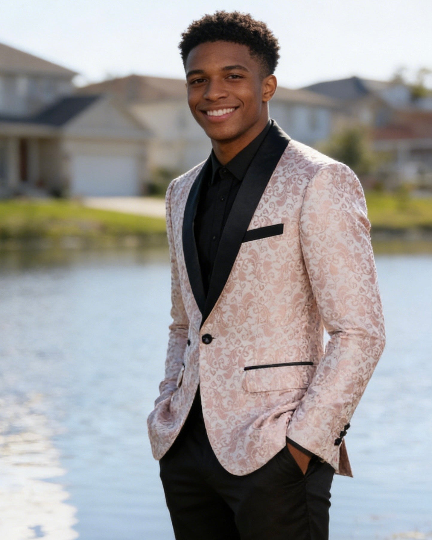 Men's 2-Piece Pink Paisley Jacquard Embroidery Tuxedo Prom Suit