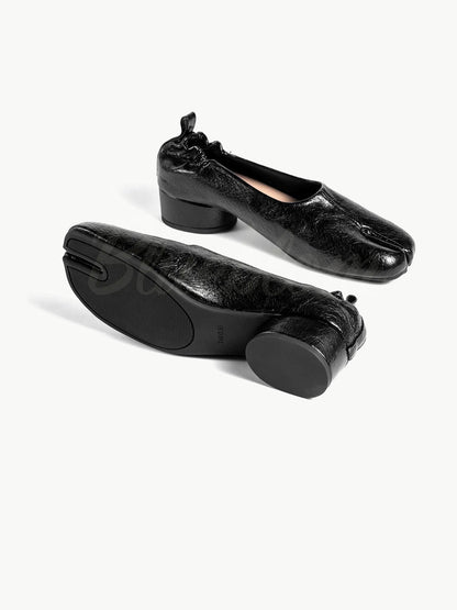 Black Thick Heeled Pleated  Tabi Shoes