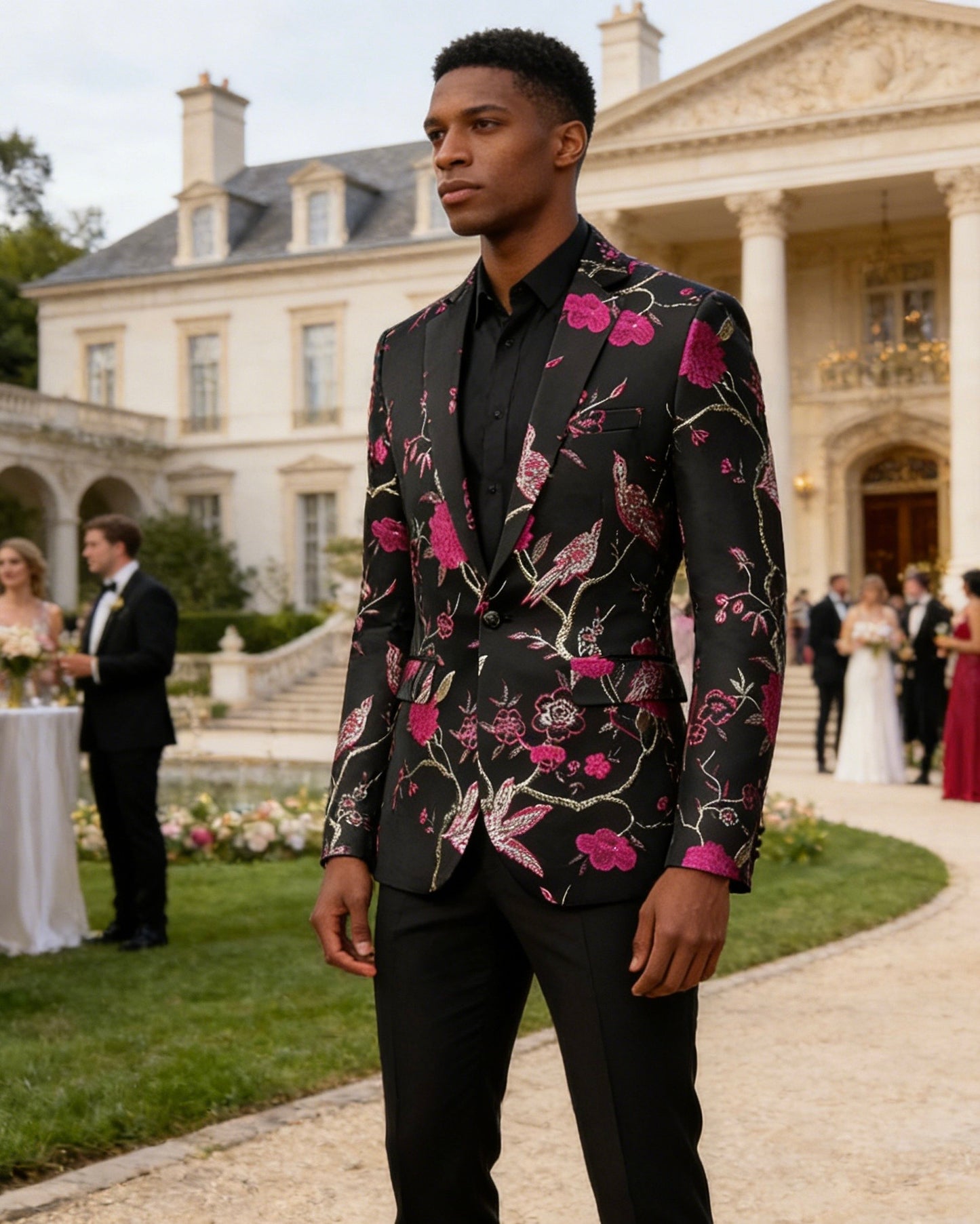 Men's Magenta 2-Piece Birdsong Forest Embroidery Notched Lapel Formal Prom Suit
