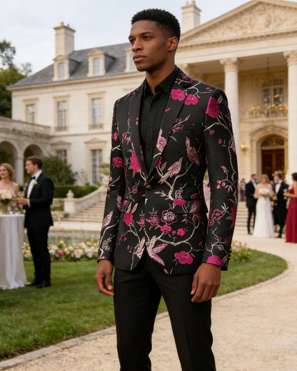 Men's Magenta 2-Piece Birdsong Forest Embroidery Notched Lapel Formal Prom Suit