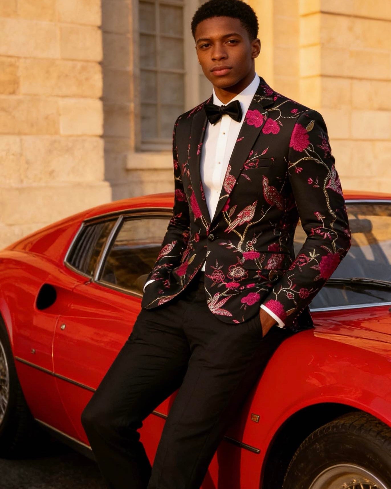 Men's Magenta 2-Piece Birdsong Forest Embroidery Notched Lapel Formal Prom Suit