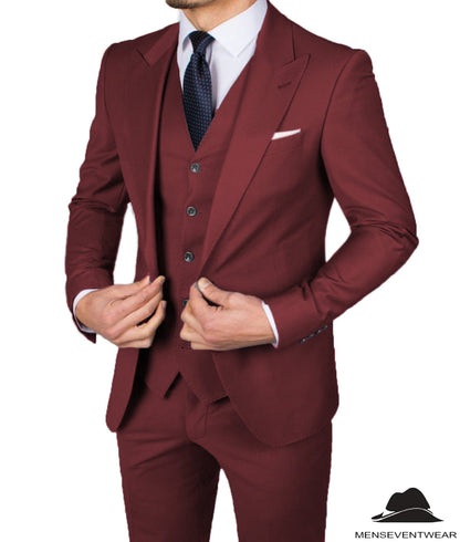 Business Men's 3 Pieces Mens Suit Peak Lapel Solid Tuxedos (Blazer+vest+Pants)