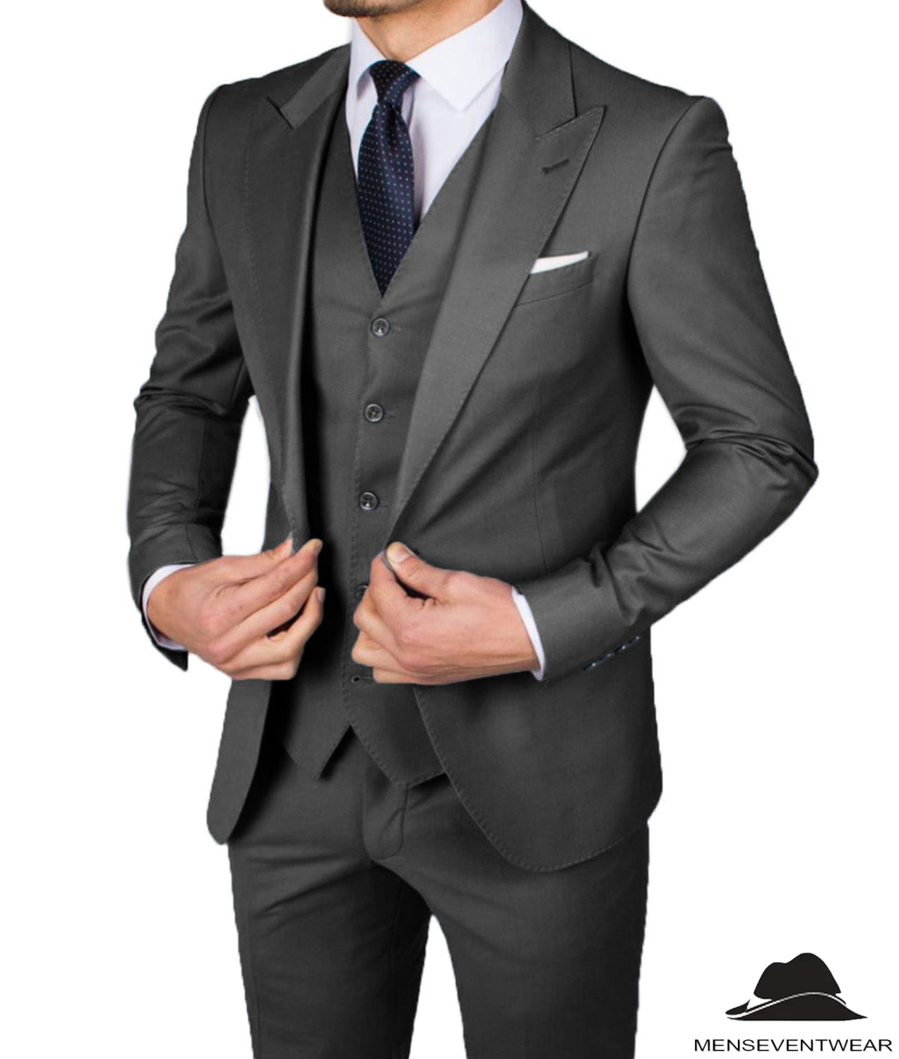 Business Men's 3 Pieces Mens Suit Peak Lapel Solid Tuxedos (Blazer+vest+Pants)