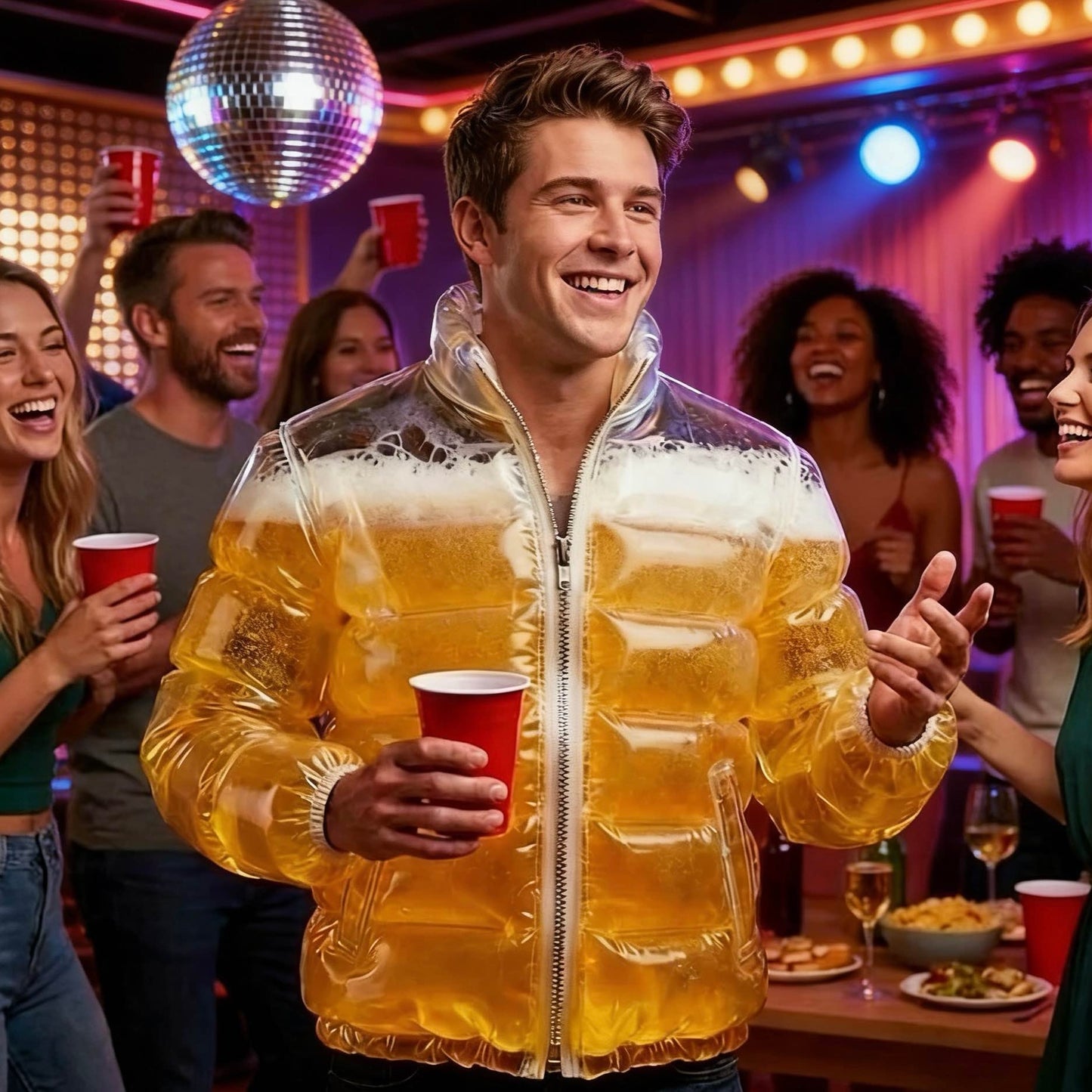 Inflatable Beer Puffer Jacket Costume Transparent Beer-Filled Jacket for Pools