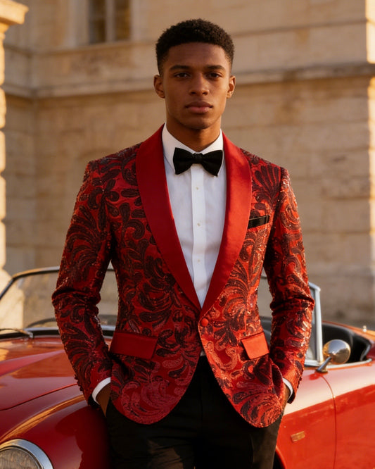 Men's Red Floral Sequin Shawl Lapel Blazer prom suit