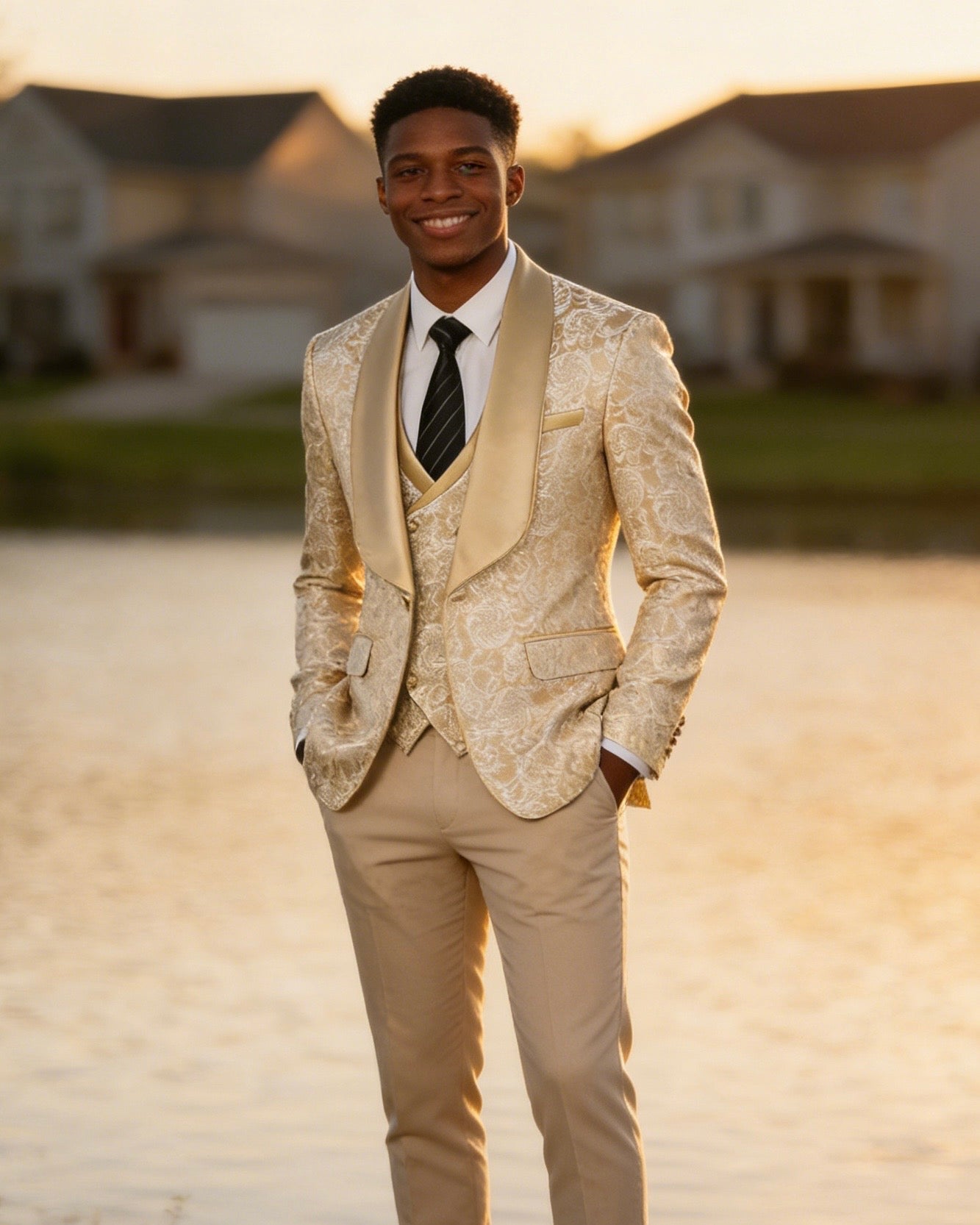 champagne gold jacquard Men's 3-Piece prom suit